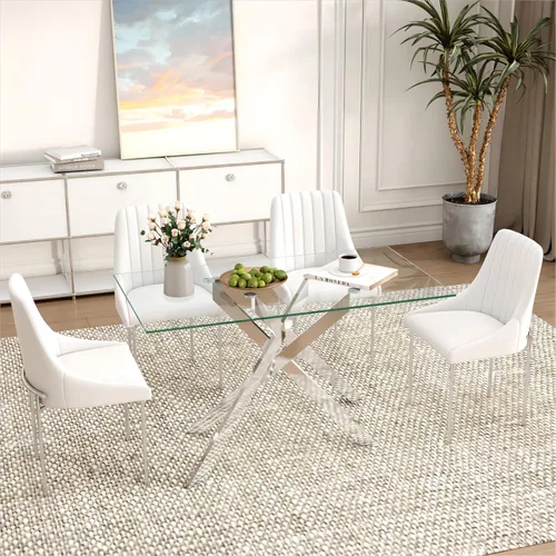 Miniatura 3 de Mesa de comedor rectangular de 51.18" de vidrio templado, mesa de cocina con patas de metal, elegante y robusta mesa de cena para el hogar y la cena