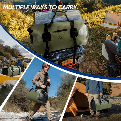 Miniatura 7 de Haimont Bolsa de lona impermeable con correas de fijación rápida para motociclismo, rafting, canotaje, SUP, kayak, viajes, 50L/70L Verde militar