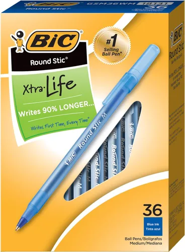 BIC Round Stic Xtra Life - Bolígrafos azules, punta media (0.039 pulgadas), paquete de 36 bolígrafos a granel, barril redondo flexible para