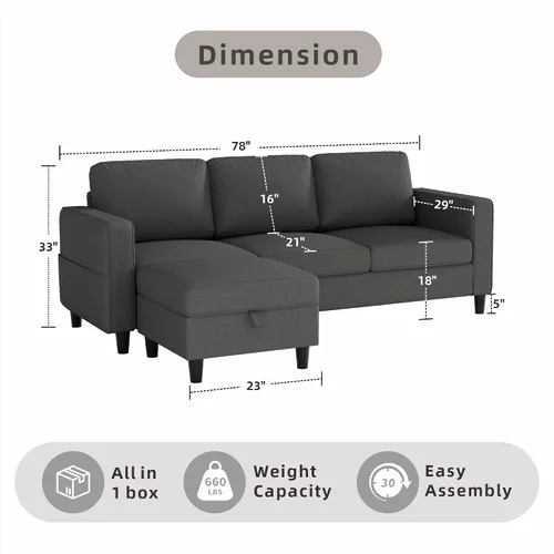 Miniatura 2 de Sofá modular para sala de estar, sofá gris oscuro de 3 plazas en forma de L con otomana de almacenamiento, cómodos sofás seccionales convertibles