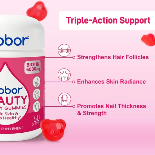 Miniatura 4 de Biobor - Gomitas naturales de biotina de 6000 mcg sin azúcar añadido, gomitas de belleza para el cabello, la piel y las uñas, con vitaminas A C E