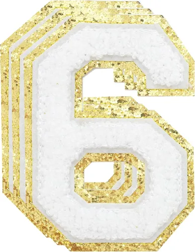Miniatura 146 de 3 parches de números de chenilla negra, tamaño grande de 4-1/2" parches de números para planchar, parches universitarios para ropa, 8" Borde oro rosa