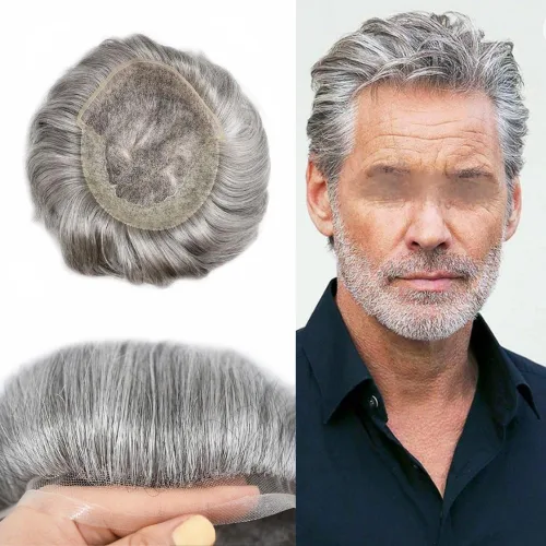 Miniatura 37 de Toupee - Sistemas de reemplazo de cabello para hombre, encaje frontal suizo, nudo blanqueado, pieza de cabello humano natural 1# negro azabache, 8 x