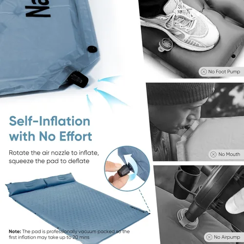 Miniatura 4 de Naturehike Colchoneta de dormir para camping, ultraligera para 2 personas con almohada, inflado rápido, almohadilla de espuma viscoelástica para Azul