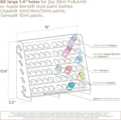Miniatura 3 de Plydolex Estante de pintura para pared, adecuado para Warhammer 40K, DnD, Pathfinder y otras miniaturas y figuritas, 60 agujeros para botellas de De