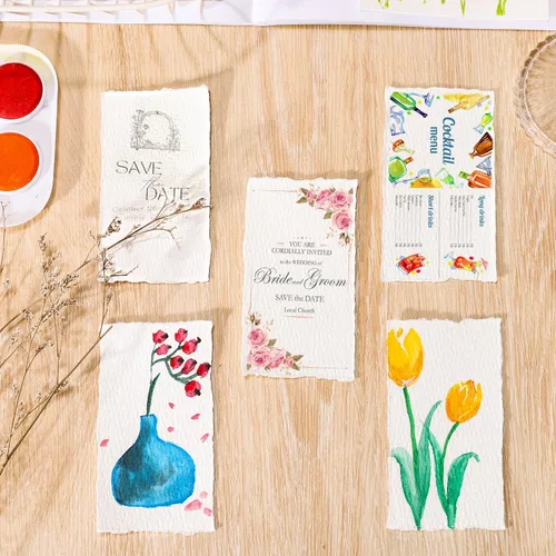 Miniatura 7 de Prudiut 25 hojas de papel de acuarela de algodón con borde deckled de 300 GSM, 2 x 3.5 pulgadas, blanco, texturizado, ideal para pintura