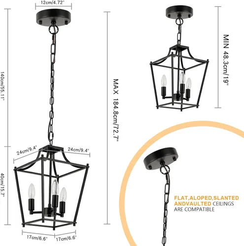 Miniatura 2 de Lámpara colgante de farol, lámparas colgantes negras, 3 luces colgantes de farol negro, 9.4 pulgadas, iluminación colgante ajustable de granja