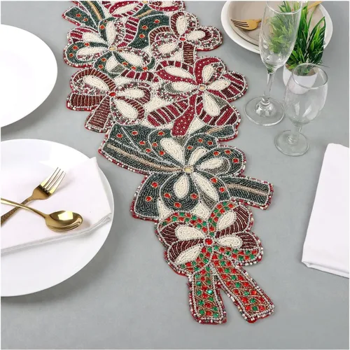 Miniatura 21 de Camino de mesa con cuentas de 13 x 36 pulgadas, elegante centro de mesa de comedor con cuentas de vidrio y parte trasera de poliéster, camino Oro