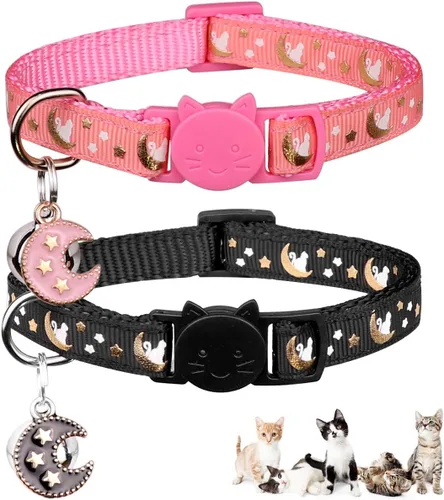Miniatura 12 de Baeuppit 2 collares de gatos separables para niños y gatos, ajustables, con campana, color negro y azul claro Negro + azul claro