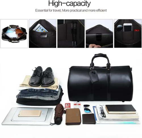 Miniatura 5 de Leathario Bolsa de viaje de cuero genuino para el fin de semana de la noche para los hombres, equipaje de mano, Negro-S, Pequeña, Vintage