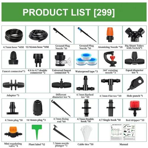 Miniatura 2 de Kit de sistema de riego por goteo para jardín: 299CPS Kits de riego por goteo automático Sistema de riego de plantas de invernadero con 5 tipos
