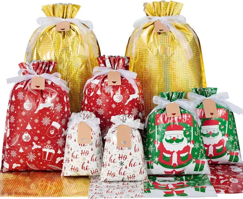 Asoulin Bolsas de regalo de Navidad con cordón y etiquetas – 40 bolsas de regalo de Navidad de varios tamaños, grandes, medianas y pequeñas, bolsa