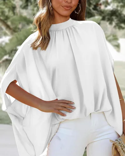 Miniatura 153 de BTFBM Blusas de verano para mujer, cuello alto falso, manga murciélago, holgadas, dobladillo alto y bajo, blusas informales de gran