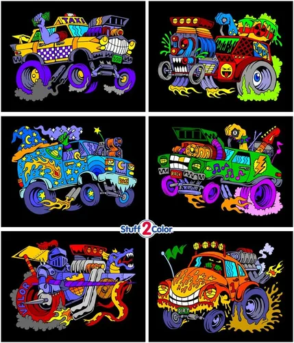 Stuff2Color Póster de Monster Cars and Trucks Fuzzy para colorear, paquete de 6 (diversión para colorear para niños y niños pequeños), ideal para