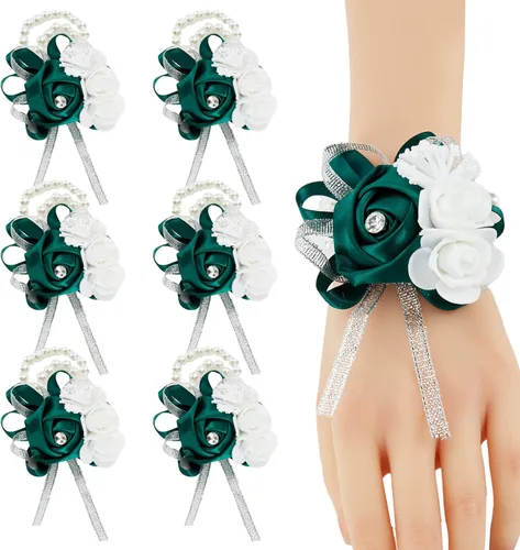 Pulseras de ramillete de muñeca para boda, madre de novia y novio, rosa de seda verde, muñeca de mano, graduación, ceremonia, aniversario, cena, 6