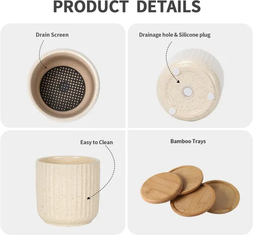 Miniatura 4 de Macetas de cerámica de 4 pulgadas con agujeros de drenaje, maceta moderna de patrón vertical con platillo para plantas de interior, suculentas