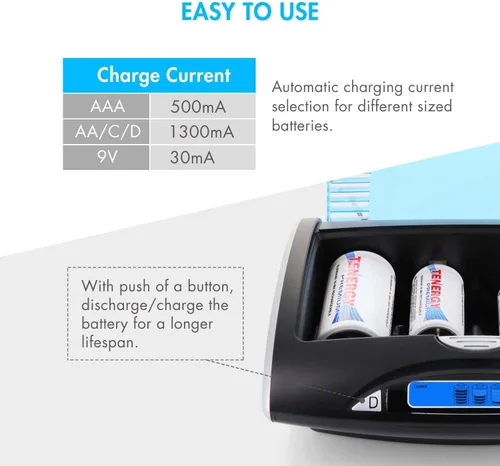 Miniatura 8 de Tenergy Paquete de 68 baterías recargables con cargador, 24 pilas AA 24 x AAA 8xC 8xD recargables con cargador, ideal para electrónica doméstica