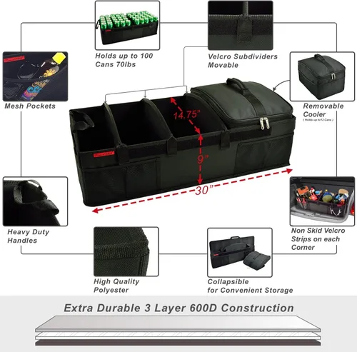 Miniatura 3 de Picnic at Ascot - Organizador de maletero resistente - Base rígida antideslizante -Capacidad de 70 libras - 30" x 15" - Negro - Paquete de 2
