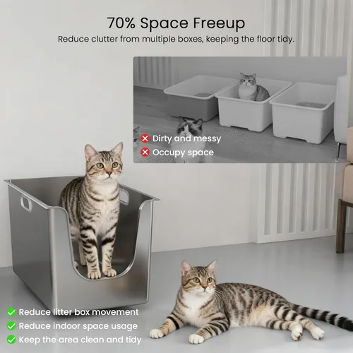 Miniatura 6 de Caja de arena de acero inoxidable con lados altos de 11.8 pulgadas, caja de arena de metal XL para gatos con entrada baja curva, bandeja de arena
