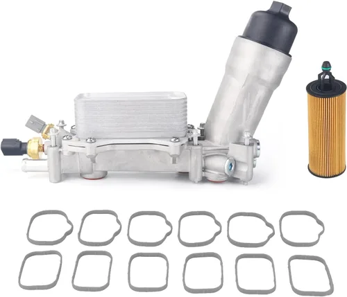 Carcasa de filtro de aceite del enfriador de aceite del motor MEJORADA con arandela de flúor compatible con Chrysler 200 300 2011-2016, Dodge