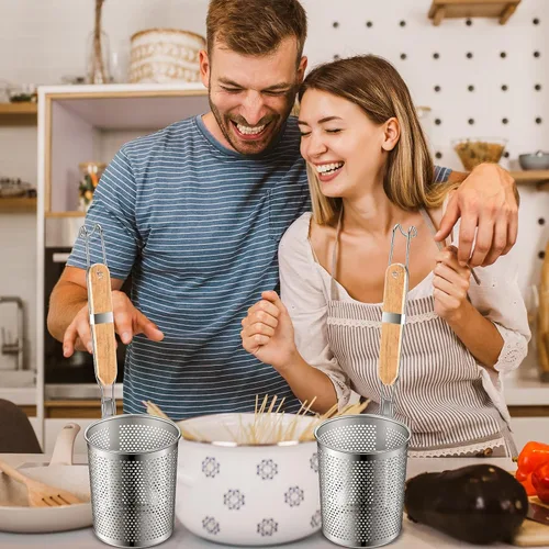 Miniatura 3 de Tessco for you 6 cestas de pasta de acero inoxidable con mango de madera, colador de pasta, colador de malla de cocina, colador de fideos de araña