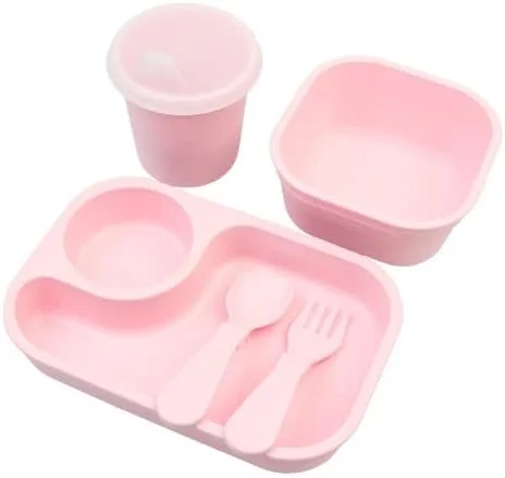 Re-Play Pequeño juego de comedor para bebés y niños pequeños, incluye bandeja de alimentos, taza, cuenco, utensilios, apto para microondas y