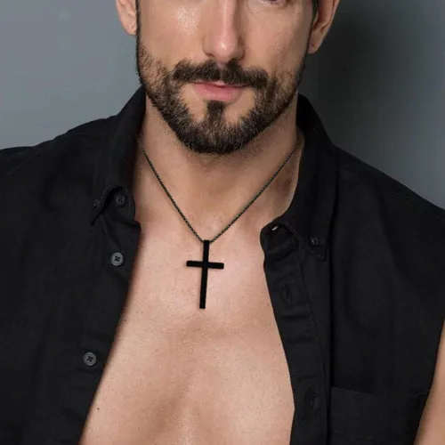 Miniatura 3 de Collar con dije de cruz cristiana para hombre de acero inoxidable chapado en oro o plata, o negro religioso y minimalista, para joyería de bautismo