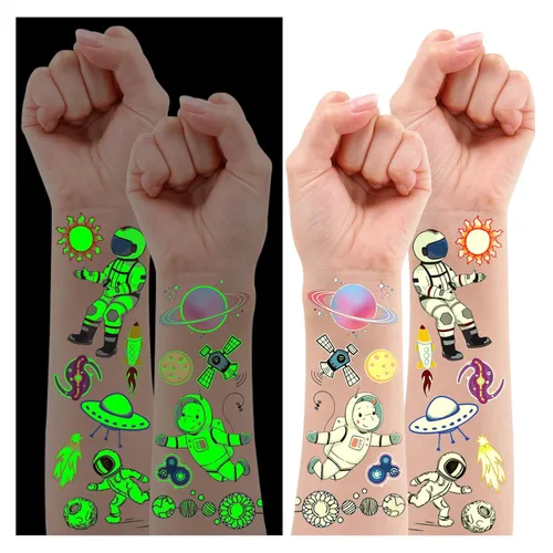 Miniatura 11 de Partywind 380 estilos (30 hojas) tatuajes luminosos para niños, estilos mixtos temporales tatuajes adhesivos con sirena/dinosaurio/espacio/pirata