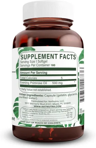 Natural Nutra Suplemento de aceite de onagra de ácido graso, salud nerviosa, promueve la salud del hogar, claridad de la piel, 500 mg, 180 cápsulas