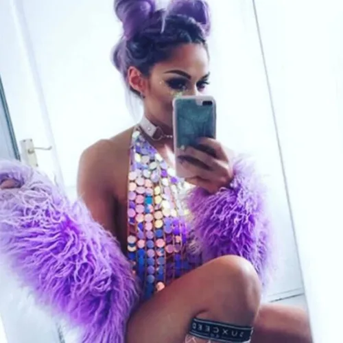 Miniatura 2 de Yovic Cadena de cuerpo bohemio con lentejuelas doradas, cadenas de cintura sexy con borlas, cadena de barra de borla para rave, club nocturno