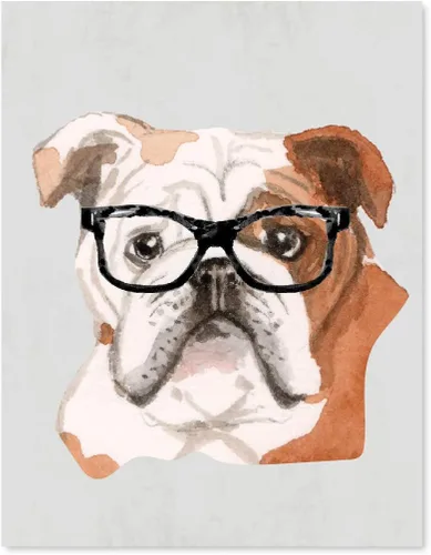 Andaz Press Póster impreso para pared de perro, 8.5 x 11 pulgadas, Bulldog inglés con gafas negras, 1 paquete, regalo de cumpleaños de Navidad, sin