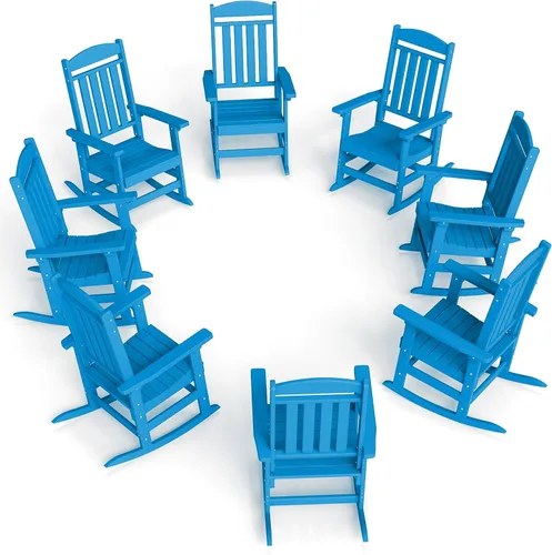Miniatura 16 de FOOWIN Juego de sillas mecedoras de patio de 2 piezas, mecedora de porche con respaldo alto de HDPE, mecedora de porche de madera de polietileno
