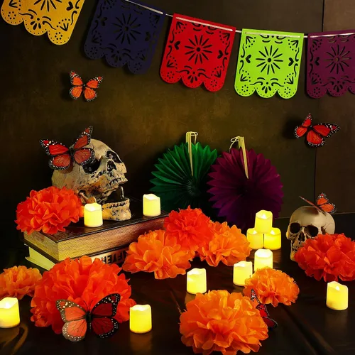 Miniatura 4 de Newwiee Juego de 82 piezas de altar del Día de los Muertos, velas LED sin llama, abanico de flores de caléndula, abanico de flores monarca, Bonito
