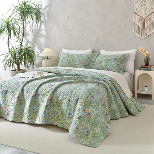 Sanracie Edredón extragrande tamaño King (120"x120"), juego de edredón 100% algodón con estampado floral verde de 3 piezas, edredón suave y ligero