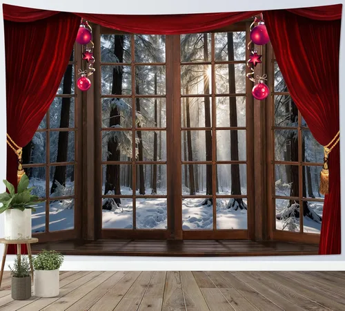 Miniatura 24 de LB Tapiz de Navidad de invierno, ventana de invierno exterior, pino nevado en bosque, tapiz de pared para dormitorio, paisaje de montaña, arte