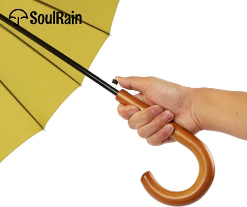 Miniatura 17 de SoulRain Paraguas de palo de 16 varillas de 48 pulgadas, apertura automática, color sólido, moderno y simple, mango de madera clásico de arco