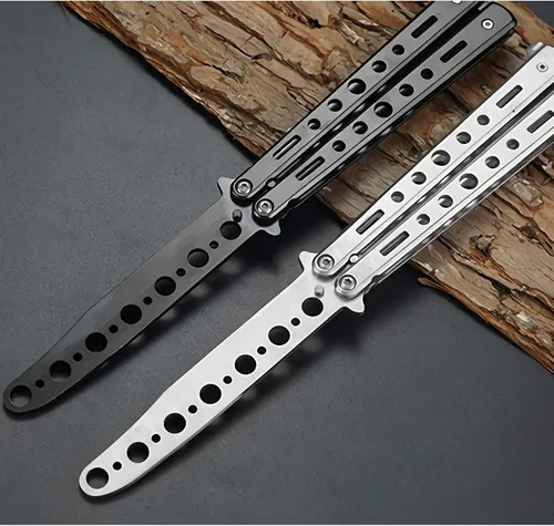 Miniatura 5 de Cuchillo de mariposa, paquete de 2 cuchillos de práctica de entrenamiento de artes marciales espadas de acero de metal plegable cuchillo