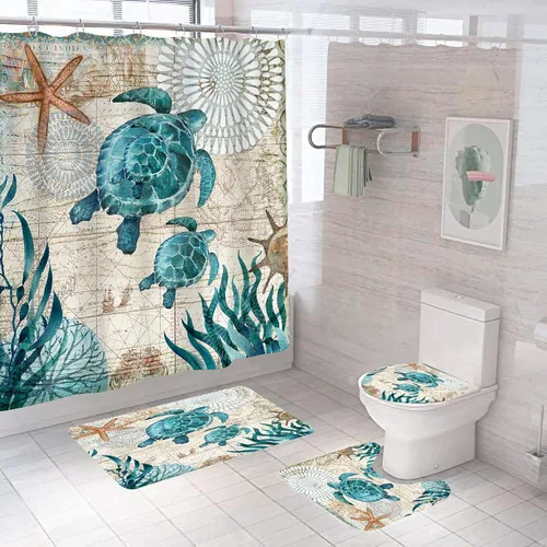 Juegos de Baño Náutico Azul con Cortina de Ducha y Alfombras y Accesorios, Juegos de Cortina de Ducha de Tortuga Marina con 12 Ganchos, Juego de