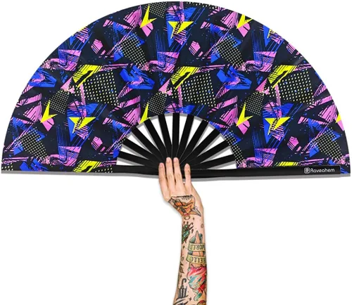 Miniatura 23 de Ventilador plegable grande, ventilador Clack Rave de 13 pulgadas, ventilador de mano para mujeres y hombres con tela de satén de alta calidad, marco