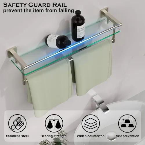 Miniatura 4 de Estantería de vidrio para baño de 24 pulgadas moderna montada en la pared con 1 estante, níquel cepillado, 1 toallero, capacidad de peso de 45 lbs