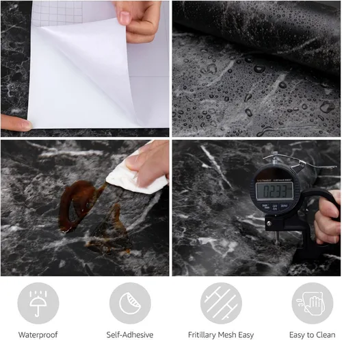 Miniatura 5 de Abyssaly Papel adhesivo de mármol negro, papel tapiz de granito para encimeras, autoadhesivo, impermeable, grueso, para cocina, baño y muebles, 11.8