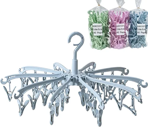 Miniatura 9 de Estante de secado plegable BONYCUST con 24 clips para secar calcetines, lencería, ropa de bebé, toallas. Estante giratorio para calcetines 2 piezas