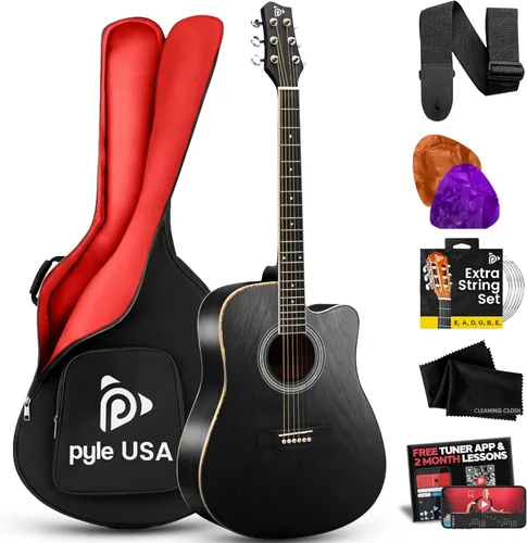 Kit de guitarra acústica Pyle con cuerdas de acero, tamaño completo de 41 pulgadas, estilo Cutaway con tapa de Ashtree, acabado de poro abierto,