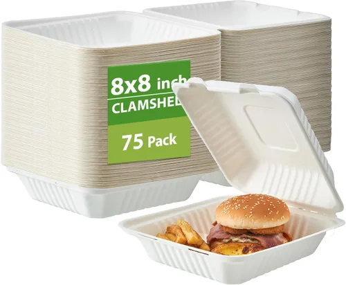 Jaluxing [8 x 8 compartimentos, paquete de 75 recipientes de alimentos bio naturales con tapas, bandejas desechables de bagazo Togo, ecológicas