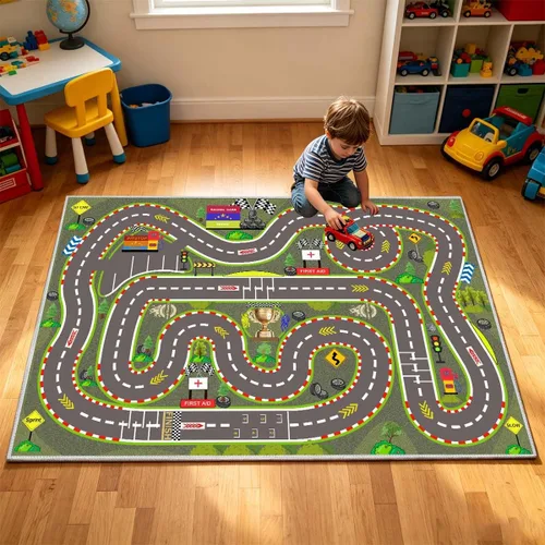Miniatura 9 de Alfombra para Niños, Alfombras de Tapete de Juego de Pista de Carreras 47×31 pulgadas, Alfombra para Niños con Respaldo de Goma, Línea de Salida