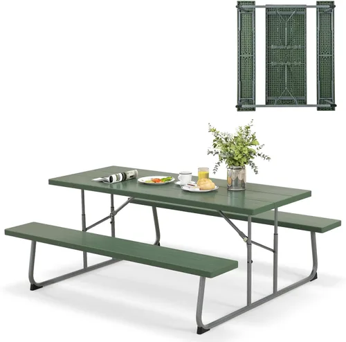 Miniatura 11 de Tangkula Mesa de picnic plegable de 6 pies, mesa de picnic al aire libre con 2 bancos integrados, agujero para paraguas, marco de metal y mesa