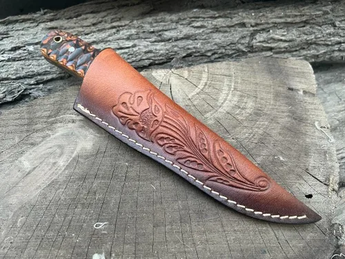Miniatura 5 de Cuchillo de caza de hoja fija de Damasco con funda – El mejor cuchillo de caza para hombres con mango antideslizante – Cuchillo de supervivencia