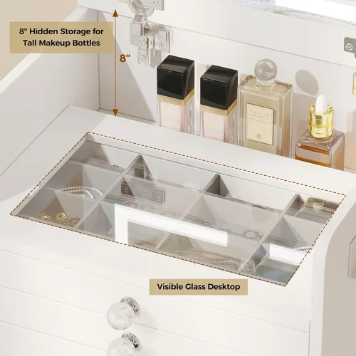 Miniatura 4 de VOWNER Escritorio de tocador 3 en 1 con espejo de luz LED abatible y escritorio de cristal, pequeño tocador de maquillaje con 3 cajones, tocador