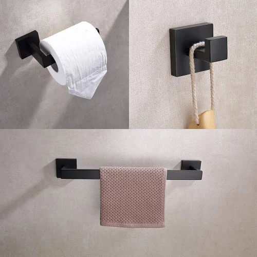 Miniatura 2 de TASTOS Juego de accesorios de baño de 3 piezas, color negro mate, montaje en pared, de acero inoxidable, soporte para papel higiénico, toallero