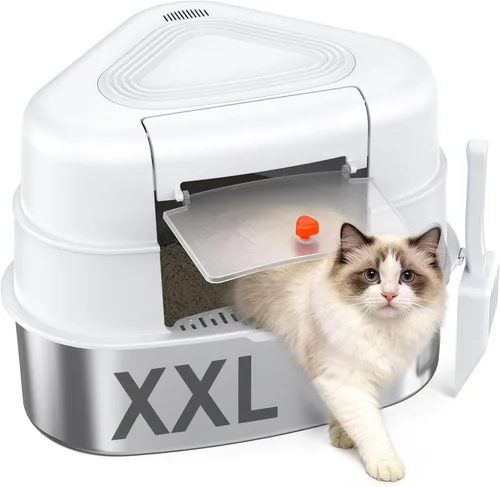 Miniatura 10 de Chumajor Caja de arena XXL de acero inoxidable para gatos con tapa, resistente, sin olor y ahorro de espacio, diseño oculto para gatos grandes